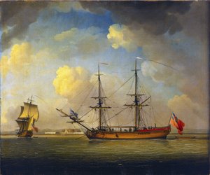 Um navio "Naval Snow", um navio britânico com dois mastros, utilizado para transportar mantimentos para a Marinha Real, no horizonte, em Fort Tilbury, no Tamisa, Inglaterra de Charles Brooking