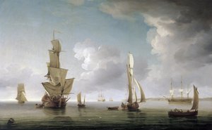 Navegação no estuário do Tamisa (Inglaterra), grande variedade de barcos e descrição da costa inglesa. Óleo sobre tela de Charles Brooking
