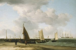 Cena na costa, com um edifício de guerra no horizonte. Óleo sobre tela de Charles Brooking