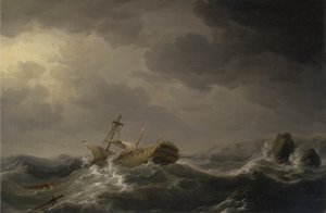 Naufrágio de um navio numa costa rochosa de Charles Brooking