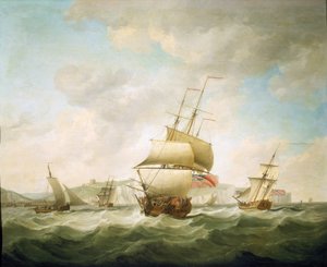 Navio comercial e iate real batidos pelo vento, ao largo da costa de Dover (Inglaterra). Óleo sobre tela, cerca de 1750, de Charles Brooking (1723-1759). de Charles Brooking