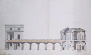 Secção Transversal do Pavilhão Ágata e Jardim Suspenso em Tsarskoye Selo, c.1780 (caneta e tinta com wc sobre papel) de Charles Cameron