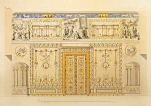 Elevação de um muro de portas, Lyons Drawing-Room, Palácio Catherine no Tsarskoye Selo, início da década de 1780 (caneta, pincel, tinta indígena e aquarela sobre papel)