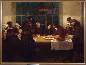 A refeição de despedida na terra da família bretã do mar, reunida em torno de uma mesa. Painel central de um tríptico de Charles Cottet (1863-1924). 1898 Sol. 1,76x2,37 m Paris, musee d