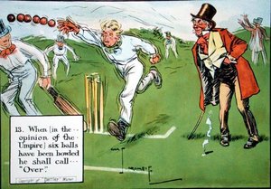(13) Quando (na opinião do Árbitro) seis bolas tiverem sido lançadas ele chamará... "Over", de "Laws of Cricket", publicado em 1910 de Charles Crombie