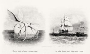 Uma lula gigante e dois navios no mar, gravados por George Cooke (1781-1834) de Charles Curtis