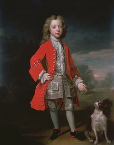 Retrato, de, um, menino, desgastar, um, casaco vermelho, com, seu, spaniel