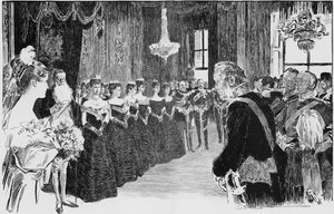Um primeiro vislumbre de Debutante de Royalty, uma cena na sala de estar da rainha de Charles Dana Gibson