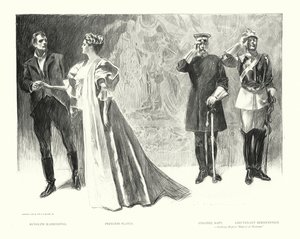 Rudolph Rassendyll, Princesa Flávia, Coronel Sapt, Tenente Bernenstein (litografia) de Charles Dana Gibson