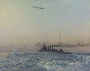 A luta do HMAS Sydney com um Zeppelin no Mar do Norte, 1918 de Charles David Jones Bryant
