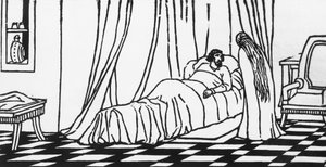 Melisande visitando Golaud, que está deitado na cama depois de cair do cavalo, talhada por Charles Doudelet (1861-1938) para Pelleas e Melisande por Maurice Maeterlinck (1862-1949), publicada por Claudio Argentieri, Spoleto, Itália