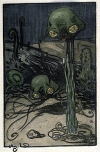 Um habitante do planeta Marte. Ilustração de M. Dudouyt (1885-1946) para o romance de Herbert George Wells (1866-1946) "The War of the Worlds". de Charles Dudouyt