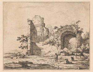 Paisagem com ruína e pastor Gravuras com ruínas em paisagens (título da série) Cahier de ruines et de paysages (título da série) de Charles Echard (attributed to)