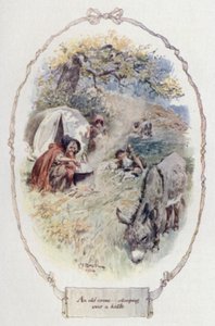 Uma velha crona inclinando-se sobre uma chaleira (cor litho) de Charles Edmund Brock