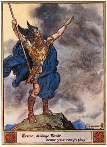 "Pare, estranho Vanir ... cesse seu jogo bruto", ilustração de "Os Heróis de Asgard, Contos da Mitologia Escandinava", de A und E Keary, 1930 de Charles Edmund Brock