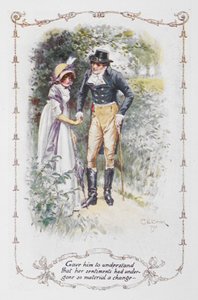 Deu-lhe a entender que os seus sentimentos tinham sofrido uma mudança tão material", Elizabeth Bennet e o Sr. Darcy, ilustração de 