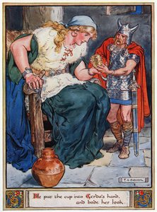 "Colocou a taça na mão de Gerda e disse:" Heróis de Asgard, contos da mitologia escandinava ", de A und E Keary, 1930 de Charles Edmund Brock