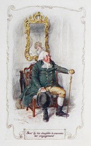 Enviado pela sua filha para anunciar o seu noivado, ilustração de "Orgulho e Preconceito" de Jane Austen (cor litho) de Charles Edmund Brock