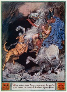 "O cão voraz ... pulou para a frente e tentou se prender a Odin, ilustração de &39;Os heróis de Asgard, contos da mitologia escandinava&39;, de A und E Keary, 1930