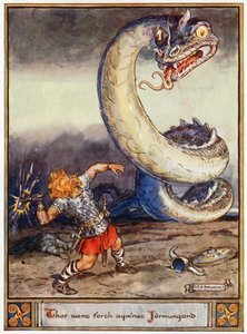 "Thor saiu contra Jormungand", ilustração de "Os heróis de Asgard, contos da mitologia escandinava", de A und E Keary, 1930