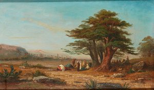 Montando acampamento, com camelos em repouso (óleo no painel) de Charles Edouard (attr.to) Frere