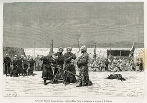Exercícios de manipulação de espingardas baluartes Taifourchi, tropas armadas e treinadas pelos militares chineses, desenhadas por Delort, para ilustrar as memórias de uma embaixada inglesa em Kachgar (ou Kashi, China) em 1873-74, pelo Sr. Chapman e Gordon de Charles Edouard Delort