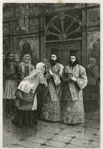 Pritres donnant a baiser les images saintes, gravado por Ch.Delort, para ilustrar a viagem de Henri Belle à Grécia em 1861.1868 e 1874, publicado no tour du monde, sob a direcção de Edouard Charton de Charles Edouard Delort