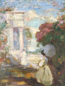 Paisagem lírica com duas figuras no vestido do século XIX, 1890-1900