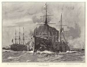 Partida de Sr. Chamberlain para a África do Sul, HMS Good Hope, saindo do Porto de Portsmouth
