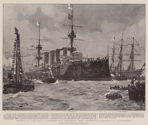Retorno dos Defensores Navais de Ladysmith, HMS Poderoso chegando a Portsmouth