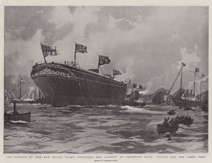 O lançamento do novo Royal Yacht Victoria e Albert em Pembroke Dock, à tona pela primeira vez