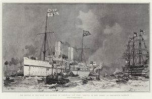 O retorno do duque e da duquesa de Cornwall e York, chegada do Ophir no porto de Portsmouth