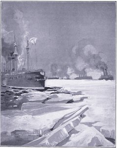 Esquadrão de Vladivostok forçando-se através do gelo do porto de Vladivostok, ilustração fromCassells História da Guerra Russo-Japonesa Vol 1, c.1900 de Charles Edward Dixon