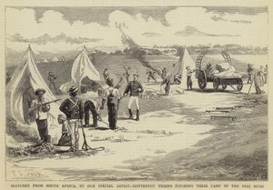 Esboços da África do Sul, Tropas Hotentotes lançando seu Acampamento no Peri Bush de Charles Edwin Fripp