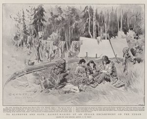 Para Klondyke e Back, Basket-Making at an Indian Encampment on the Yukon (litho) de Charles Edwin Fripp