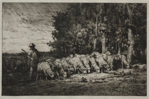 Um rebanho à beira de uma floresta de Charles Emile Jacque