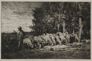 Um rebanho à beira de uma floresta, 1880. de Charles Emile Jacque