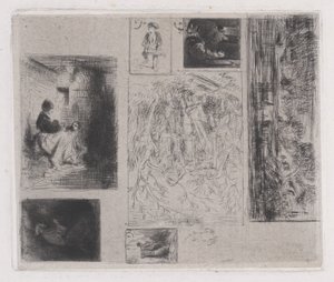 Prato composto: Mulher e Crianças a, Velho Músico b, Frying Merchant c, Paisagem..., 1843. de Charles Emile Jacque