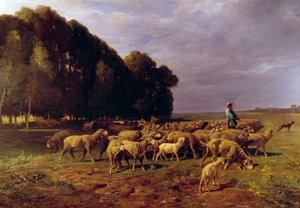 Rebanho de ovelhas numa paisagem ou "Pastor conduzindo um rebanho de ovelhas na planície" Pintura de Charles Jacque (1813-1894) Sol do século XIX. 1,76x2,8 m de Charles Emile Jacque