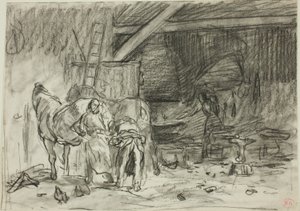 Interior de uma oficina de ferreiro (frente); Homem curvado, visto da leitura (verso) de Charles Emile Jacque