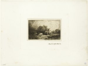 Paisagem com homem a cavalo, porcos e vaca de Charles Emile Jacque