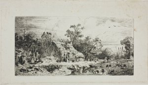 Paisagem com chalés de palha de Charles Emile Jacque