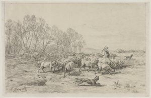 Paisagem com um rebanho de ovelhas, do século XIX. de Charles Emile Jacque