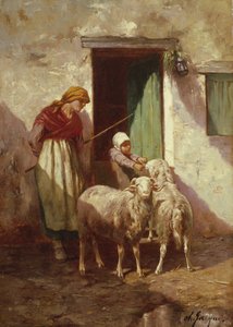 Pastora com uma criança e duas ovelhas de Charles Emile Jacque