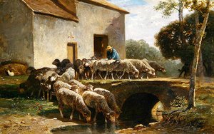 A Saída do Rebanho (óleo no painel) de Charles Emile Jacque