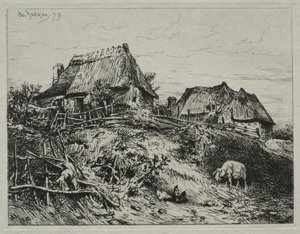 Duas casas de campo em um banco de Charles Emile Jacque