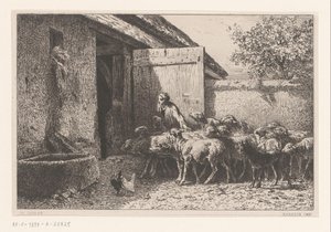 Mulher levando ovelhas para o estábulo Bergerie de Charles Emile Jacque
