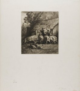 Mulher a alimentar seis porcos de Charles Emile Jacque