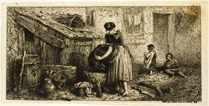 Mulher lavando panelas, com crianças de Charles Emile Jacque