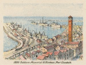 África do Sul: 1820 Settlers Memorial and Harbour, Port Elizabeth (litografia a cores) de Charles Ernest Peers